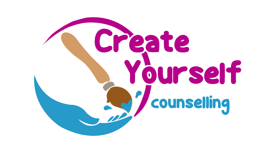 Logo of create yourself counselling, of a paintbrust painting a blue hand