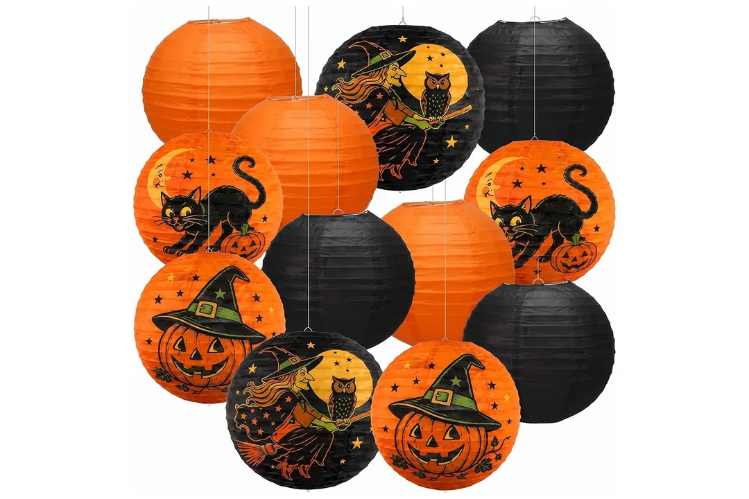 Twelve paper lanterns with images of classic witches, black cats, and grinning jack-o’-lanterns.