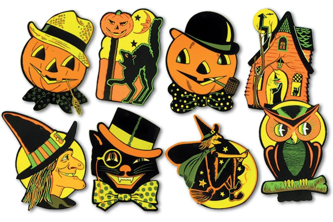 Eight colorful reproductions of classic Halloween artwork: pumpkins, cats, witches, and an owl.