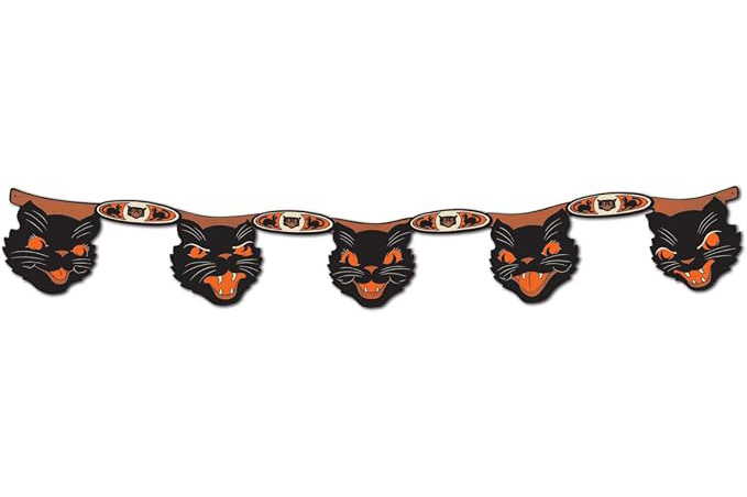 Vintage Halloween banner featuring a row of jointed black cats.