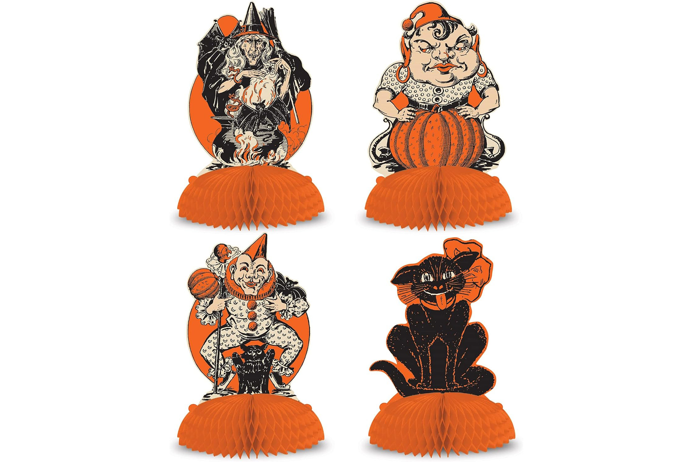 Four vintage-style Halloween centerpieces made with colorful cardstock and tissue paper.