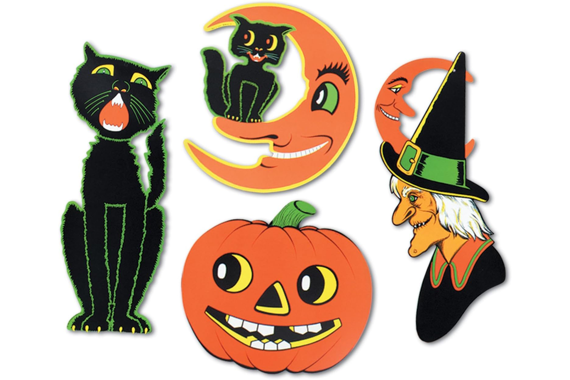 Four vintage Bristle halloween cutouts: a cat, a cat on a slivered mood, a pumpkin, and a witch.