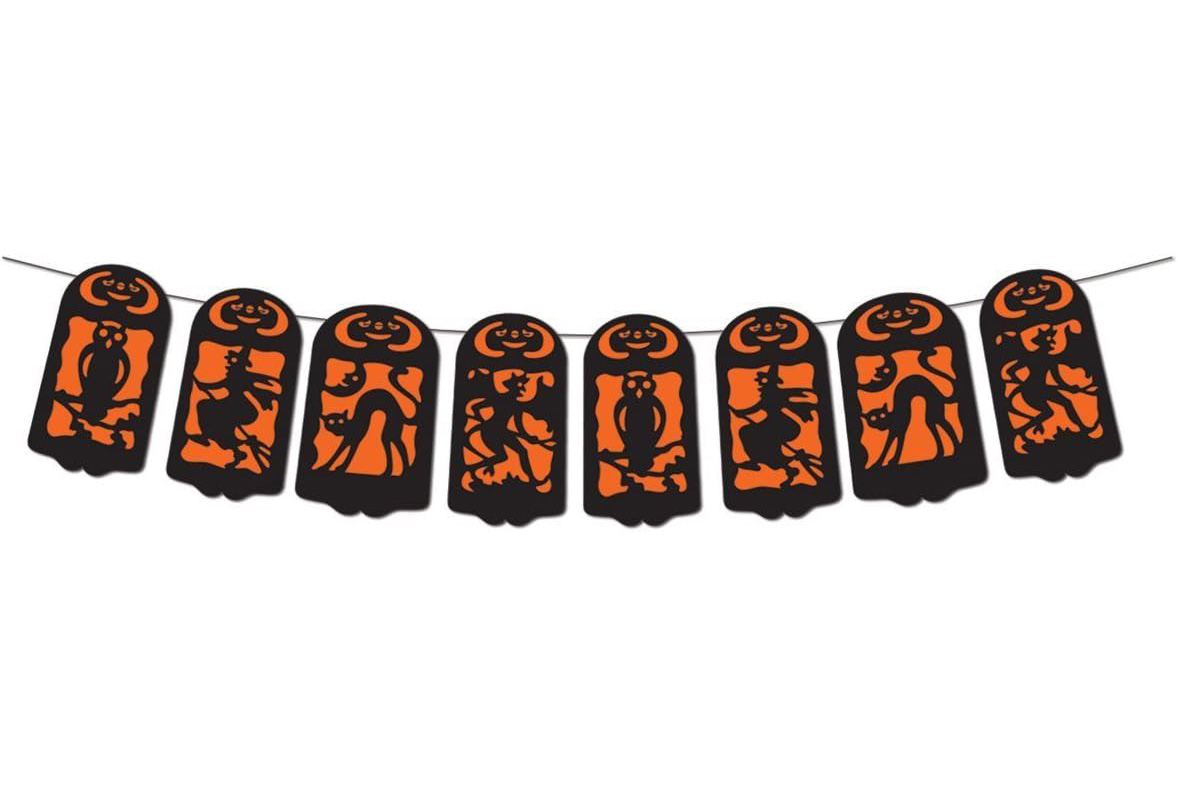 Vintage Halloween streamer with colorful die-cut witches, black cats, skeletons, bats, and other classic characters.