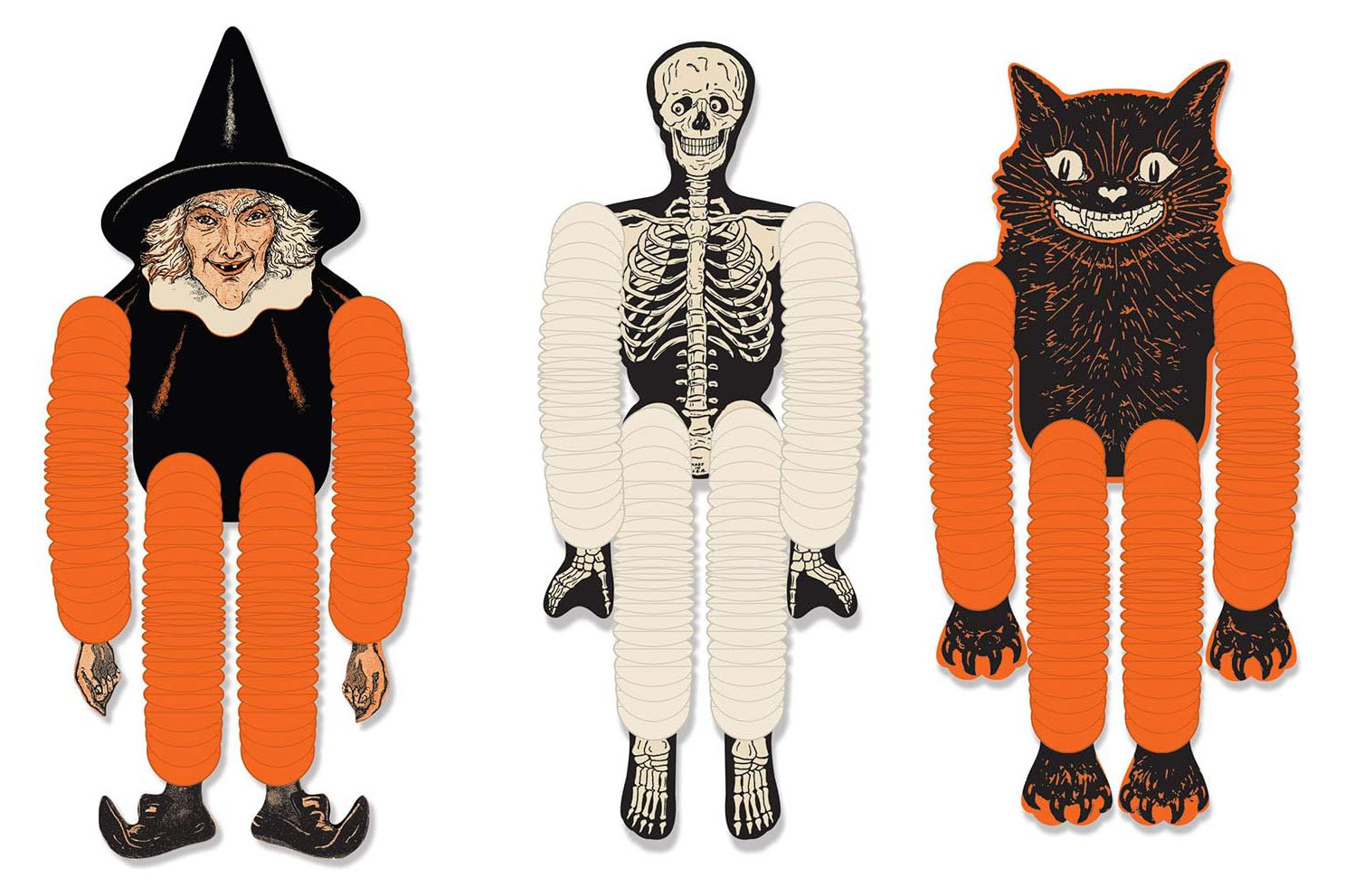 Vintage Halloween tissue dancers featuring a witch, skeleton, and black cat with orange-and-black paper limbs.