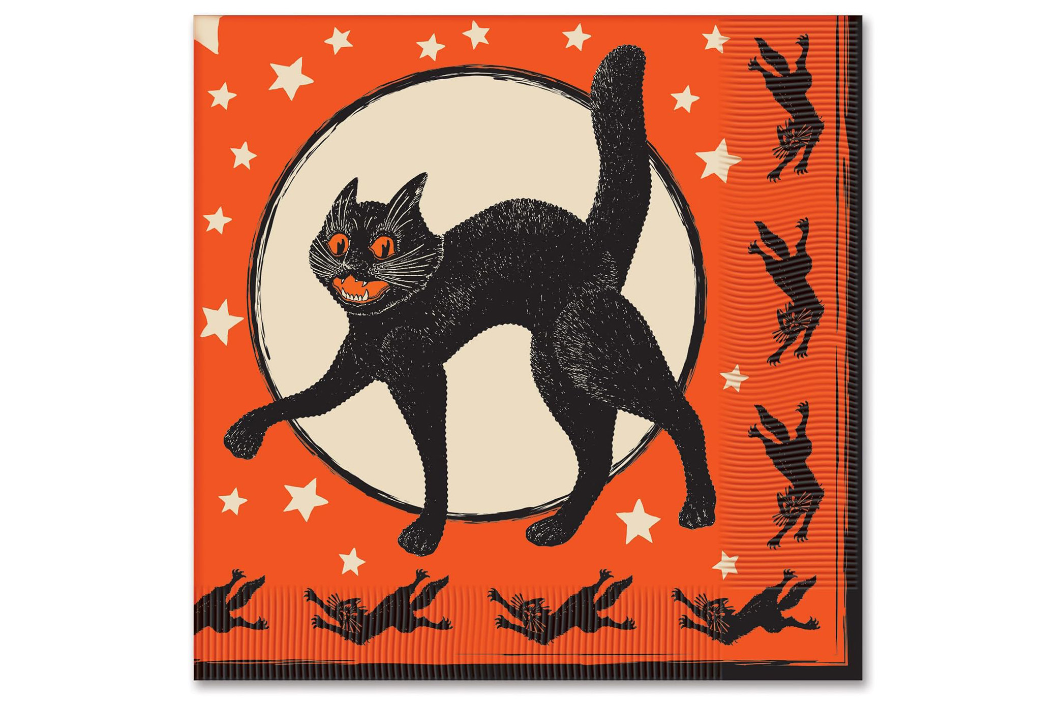 Vintage Halloween paper napkins featuring colorful retro black cats on an orange background.