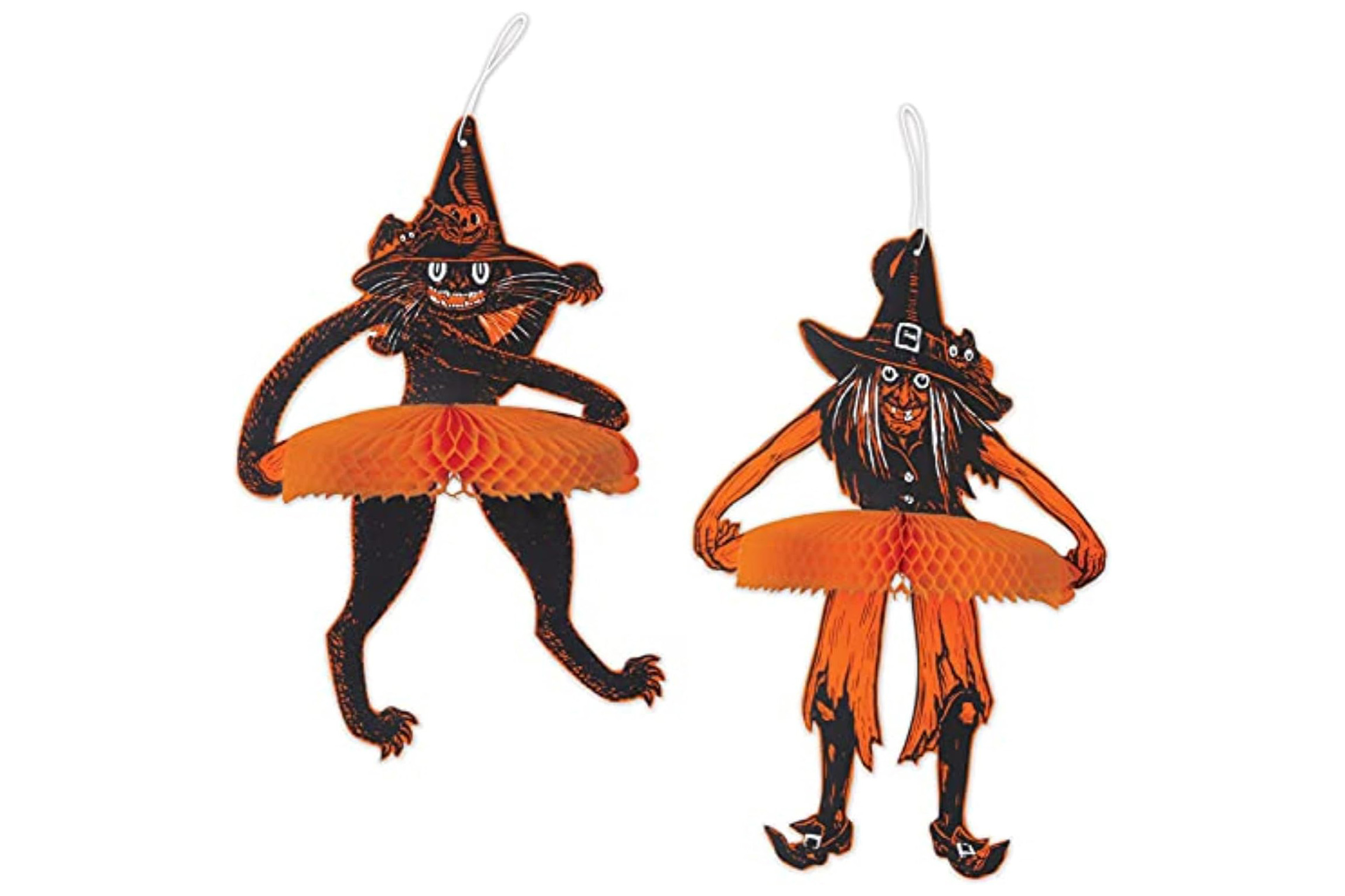 Vintage Halloween witch and black cat decorations with orange accordion-paper skirts.