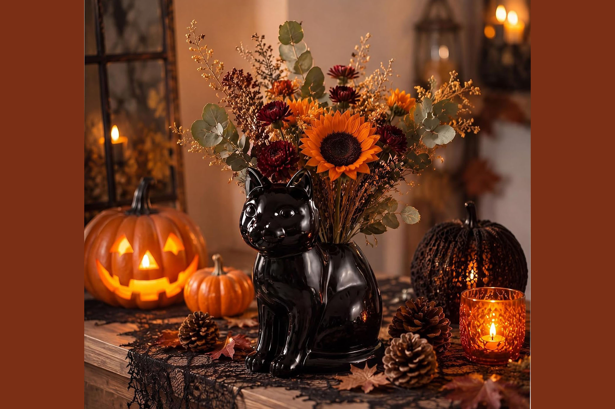 Glossy black ceramic vase shaped like a seated cat with pointed ears and a stylized face.