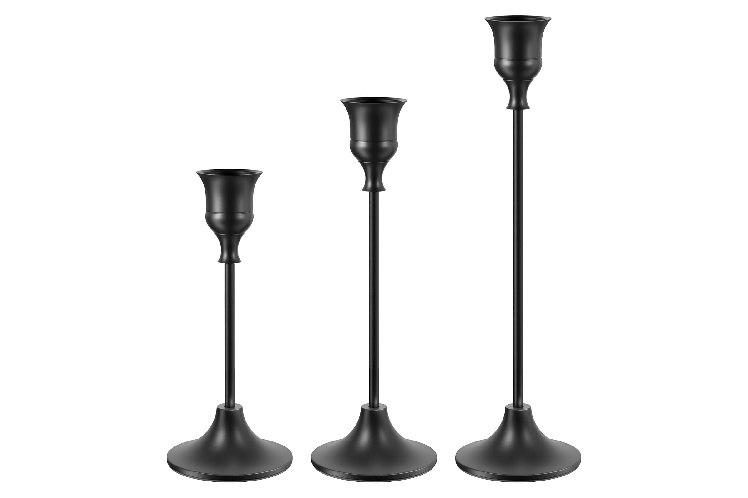 Set of three slender black metal taper candle holders in graduated heights.