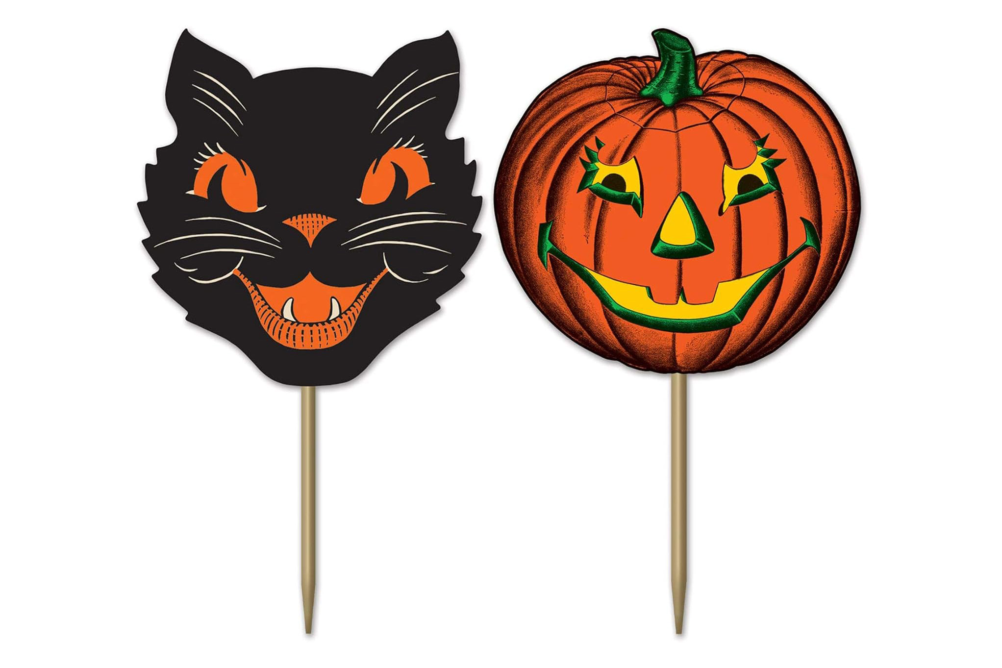 Vintage Halloween food picks featuring retro black cat and orange jack-o’-lantern faces.