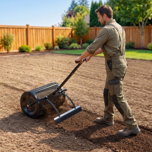Person spreading compost using the compost spreader.