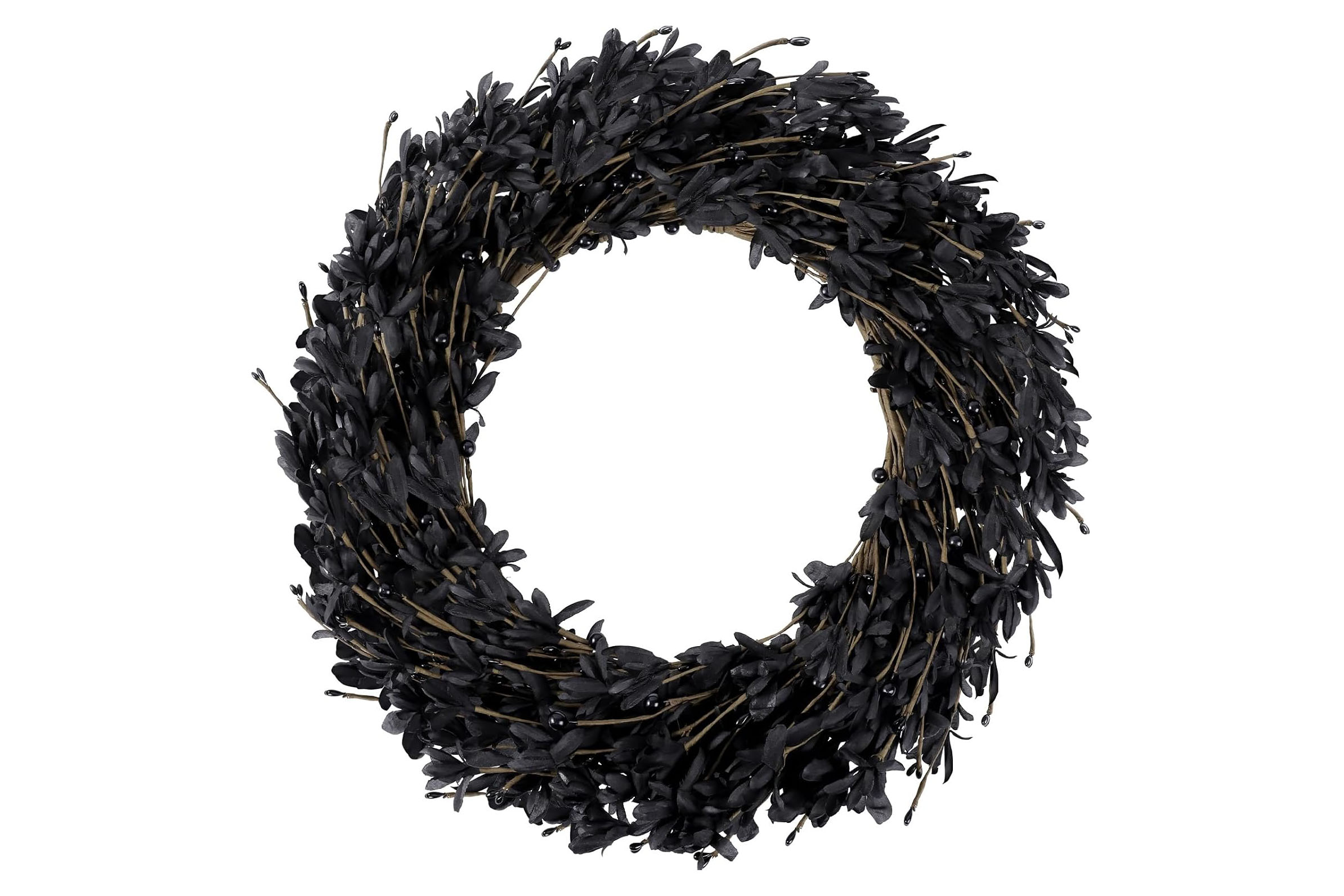 Round black decorative wreath made from dark artificial branches, leaves and small berry accents.
