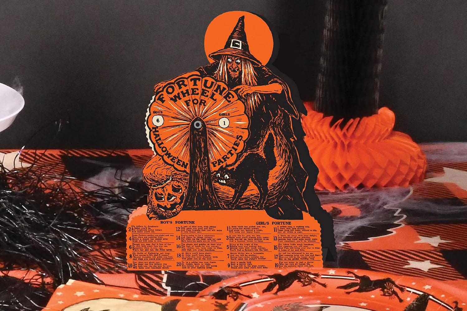 Vintage Halloween fortune wheel featuring a witch, black cat, jack-o’-lantern, and orange-and-black retro artwork.