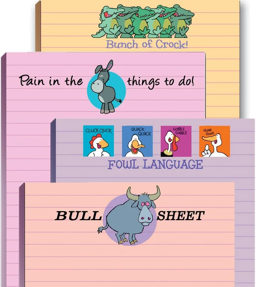 A series of funny notepads with sayings like, 