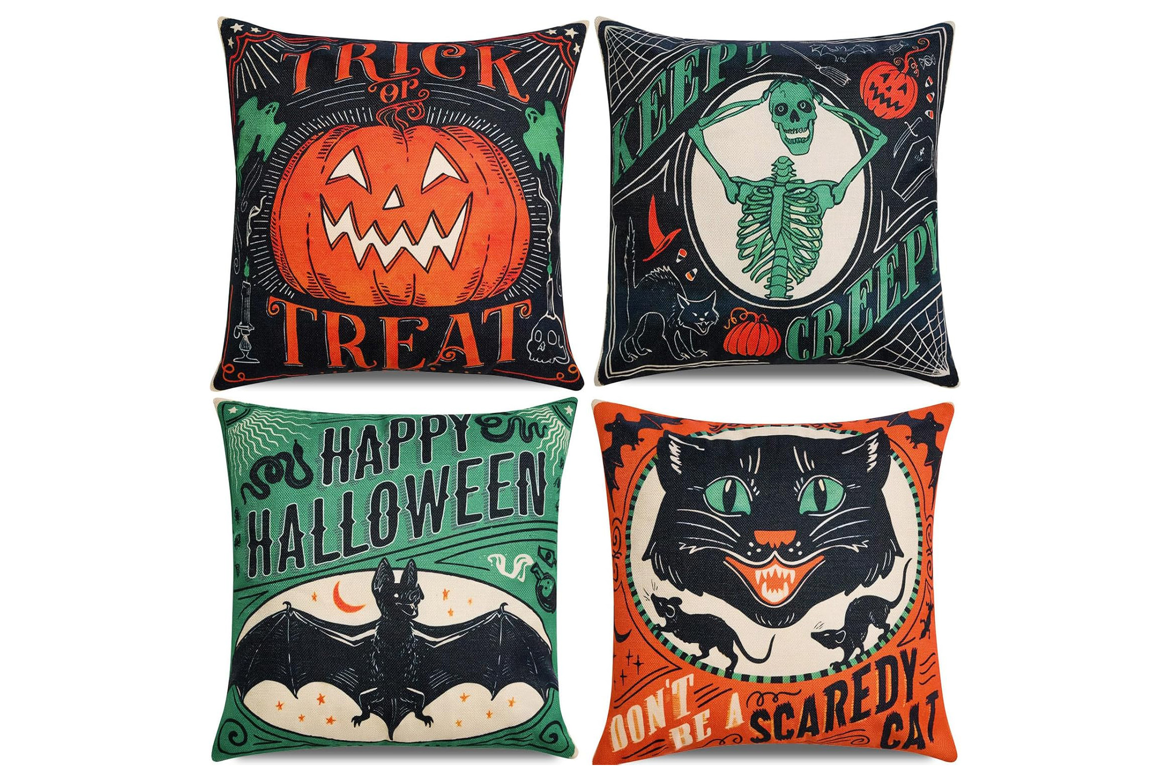 Four vintage-style Halloween pillow covers featuring black cats, jack-o’-lanterns, bats, and retro spooky artwork.