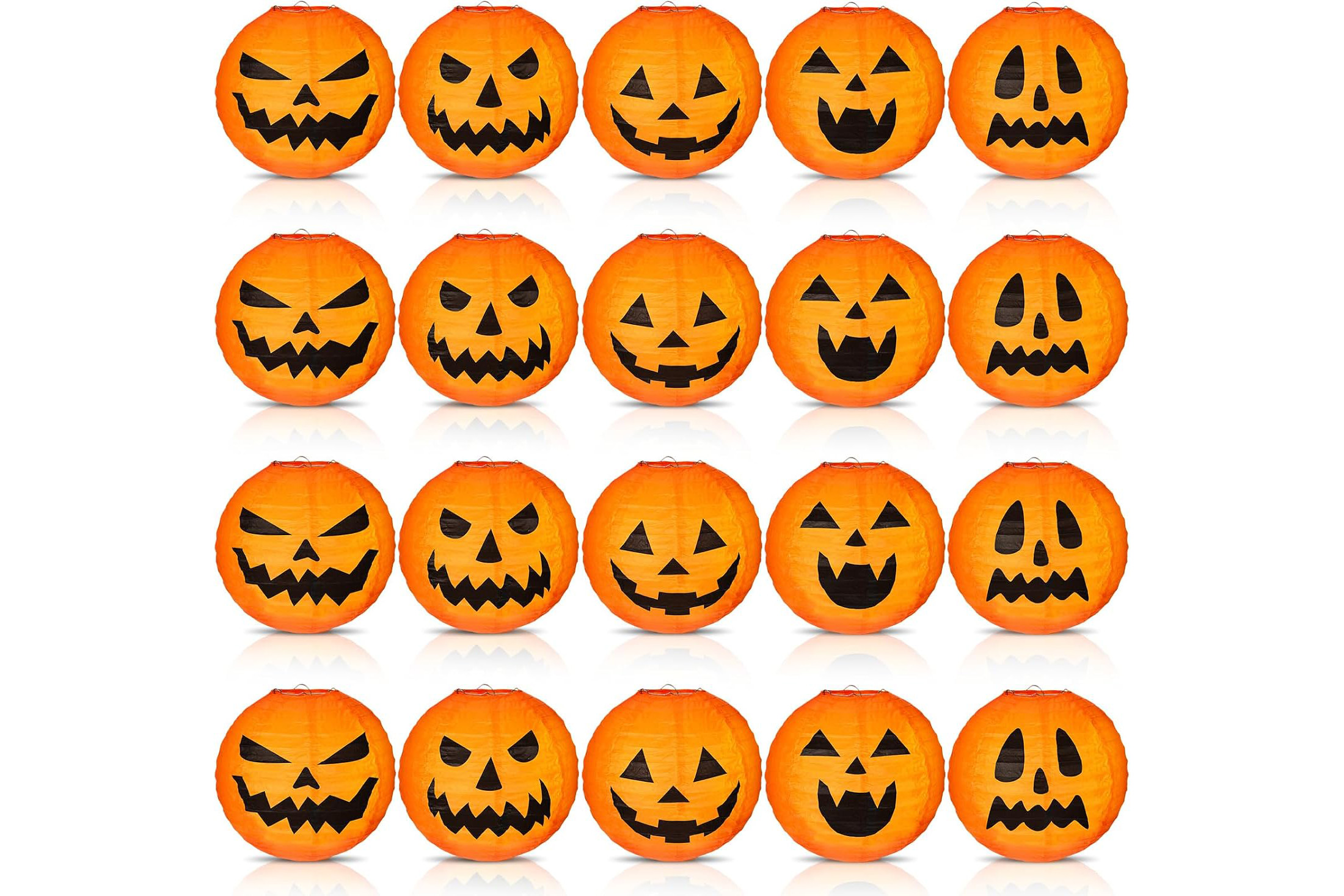 Orange jack-o’-lantern paper lanterns featuring five different vintage-inspired pumpkin faces.