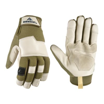A pair of olive-toned leather gloves on a white background.