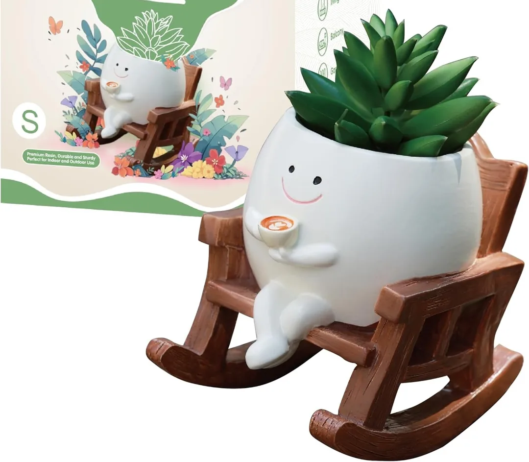 Rocking chair smiley planter with a succulent in the top.