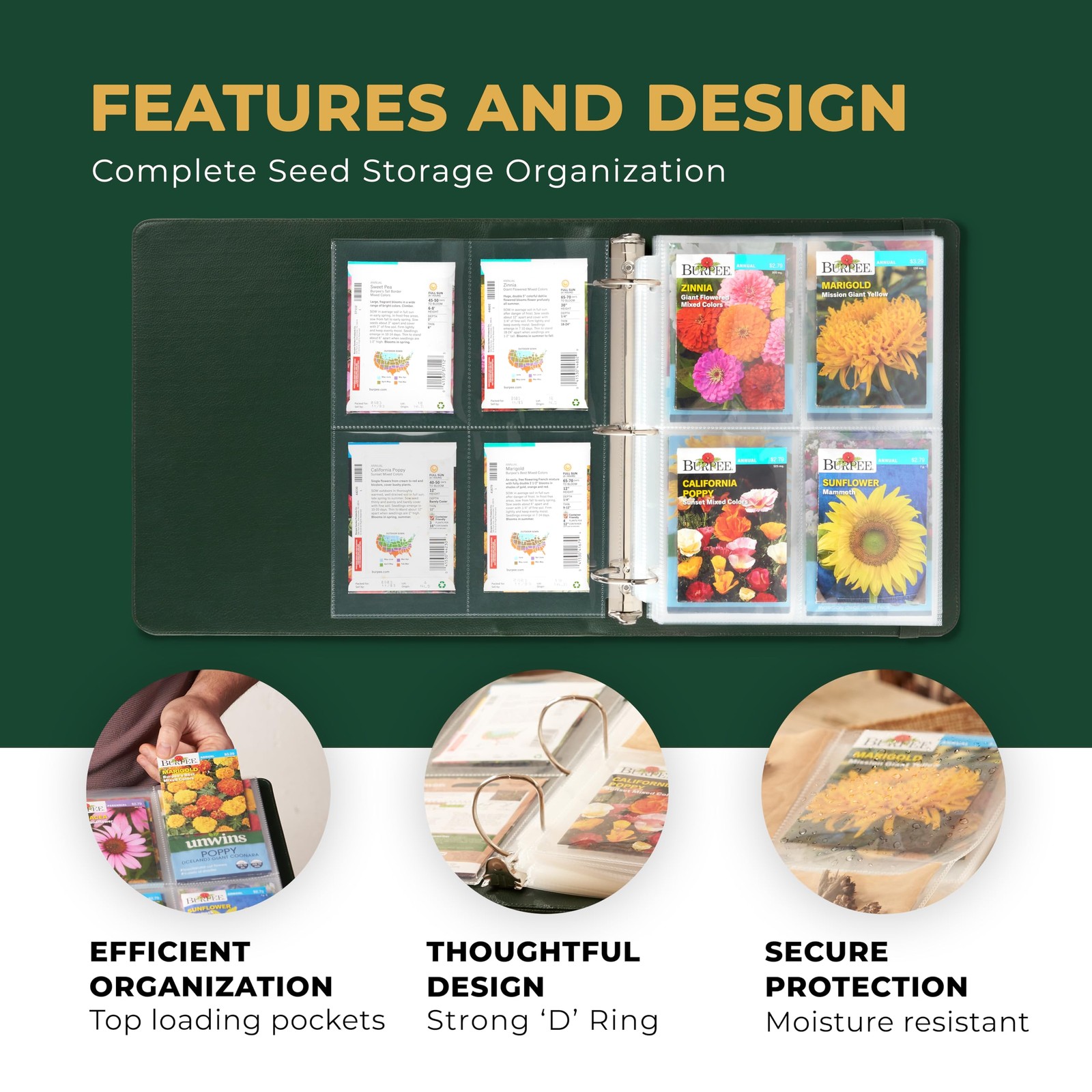 Image of an open binder containing seed packets.