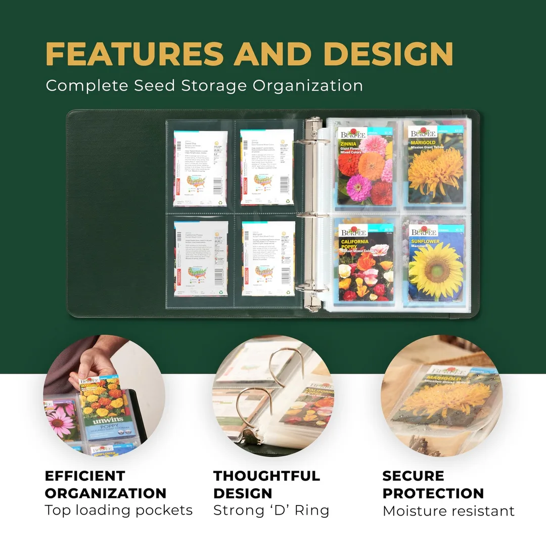 Image of an open binder containing seed packets.