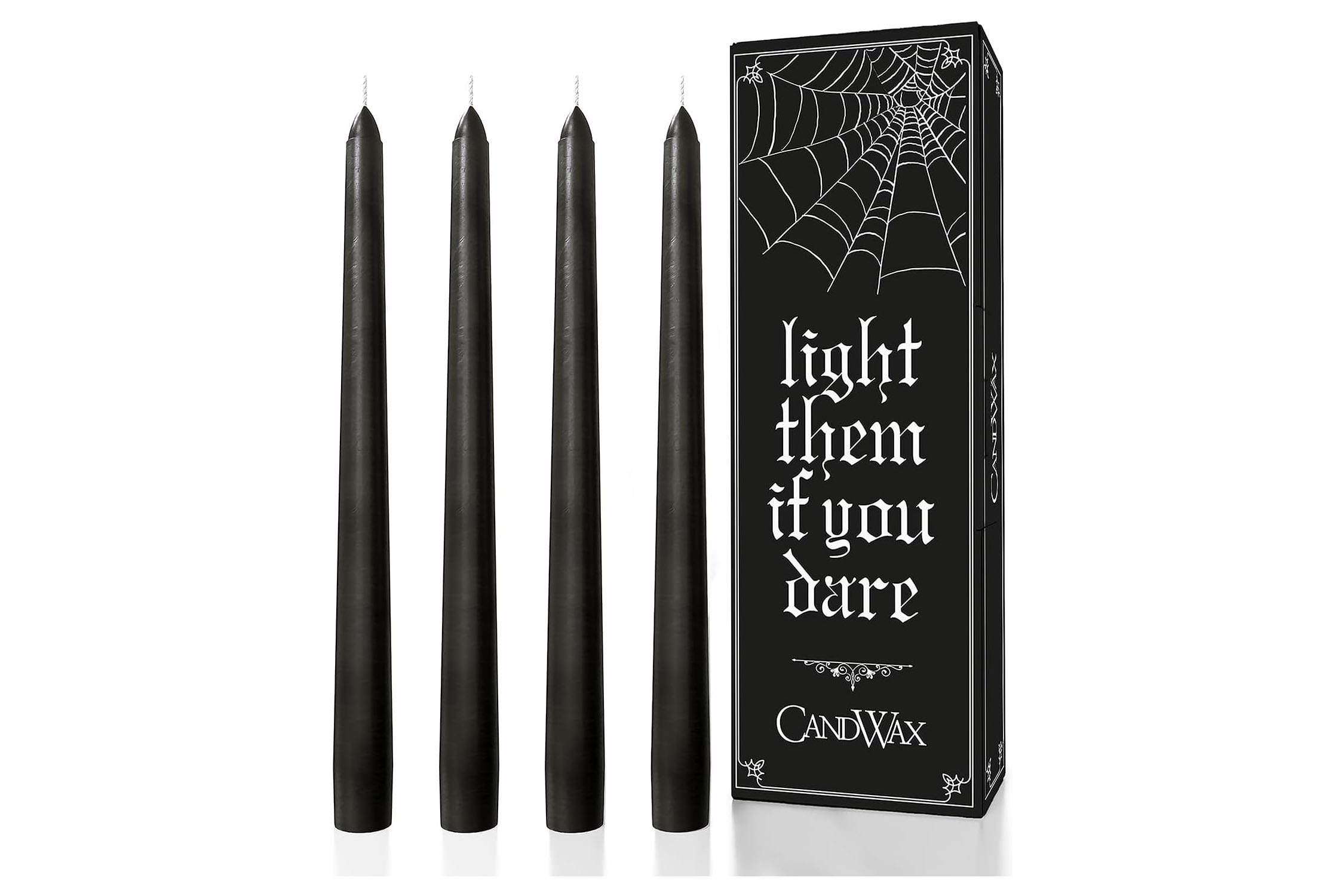 Four tall, solid black taper candles with a simple straight silhouette.