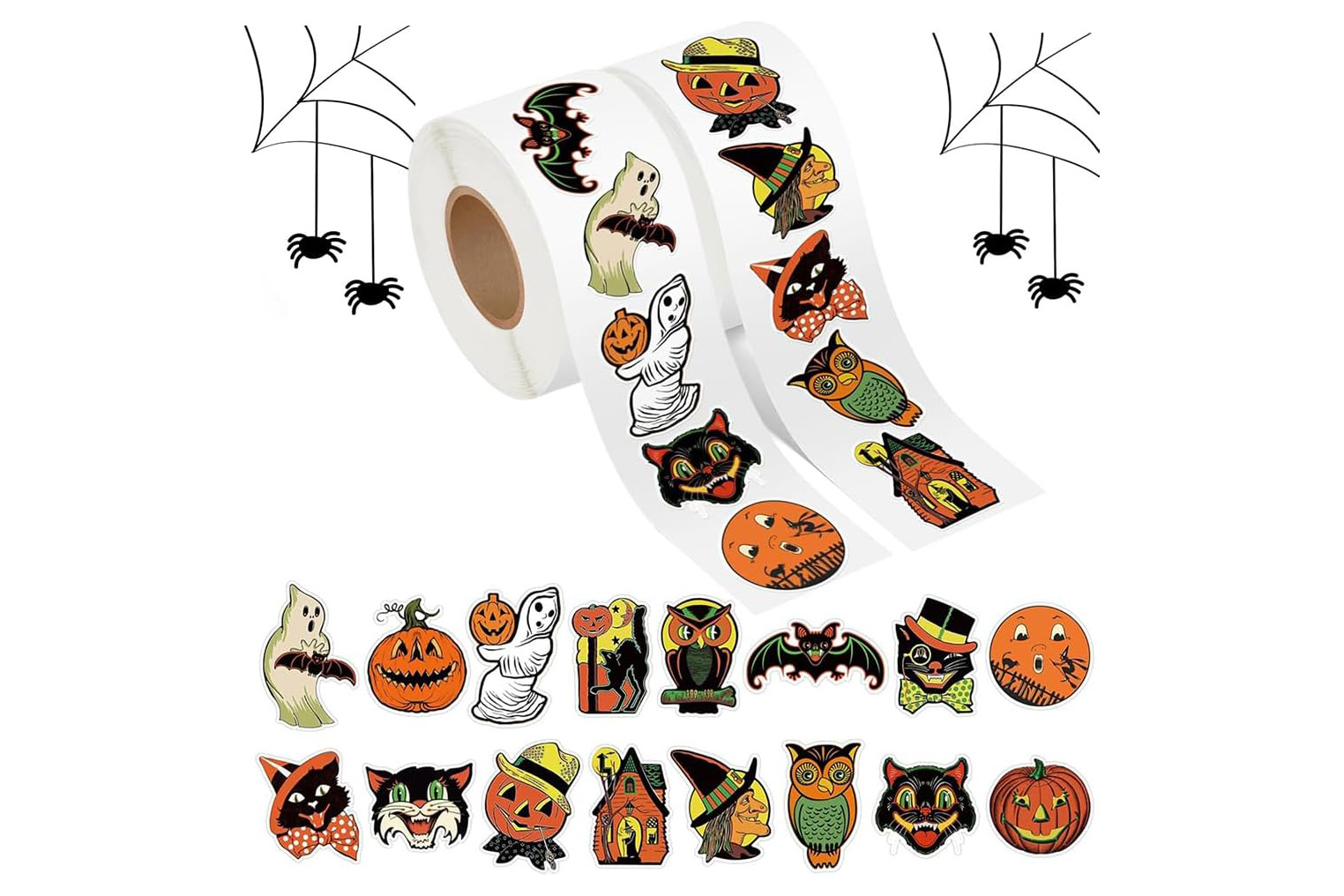 Vintage-style Halloween stickers featuring colorful retro pumpkins, black cats, ghosts, witches, owls, bats, and haunted houses.