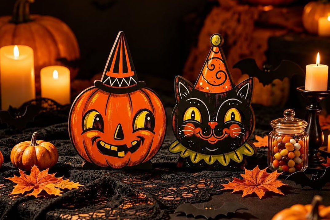Vintage-style wooden Halloween signs featuring a smiling jack-o’-lantern and black cat wearing party hats.
