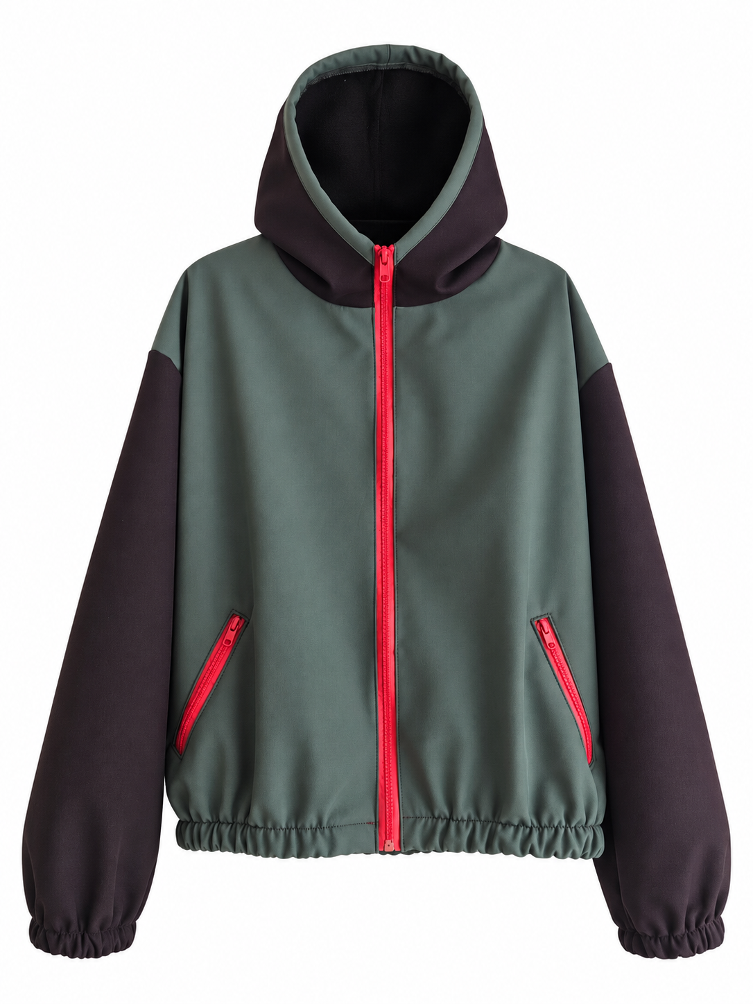 SIDURO green hooded jacket with dark sleeves, red zippers and two zipped pockets, front view