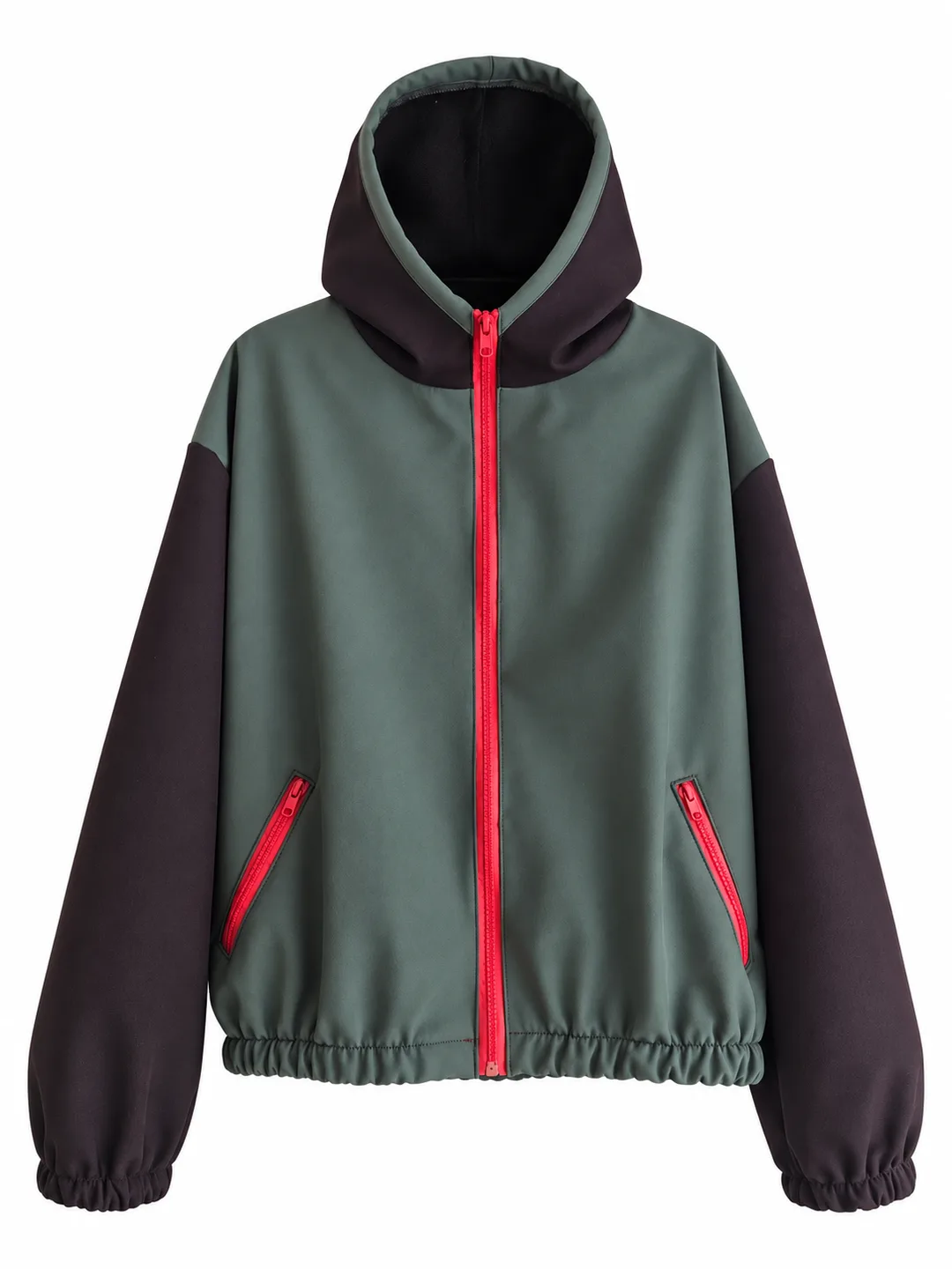 SIDURO green hooded jacket with dark sleeves, red zippers and two zipped pockets, front view