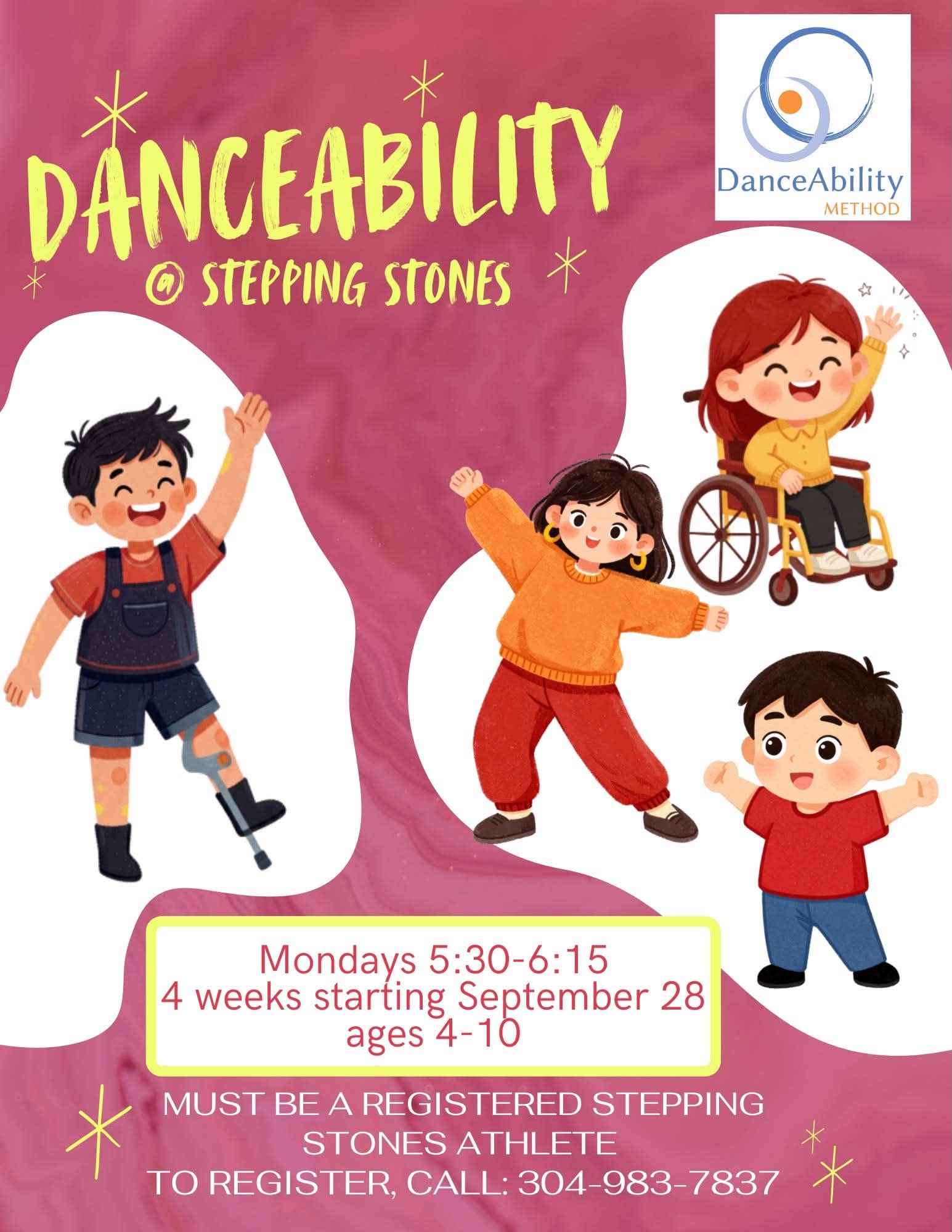 Flyer for DanceAbility lessons at Stepping Stones in Morgantown WV