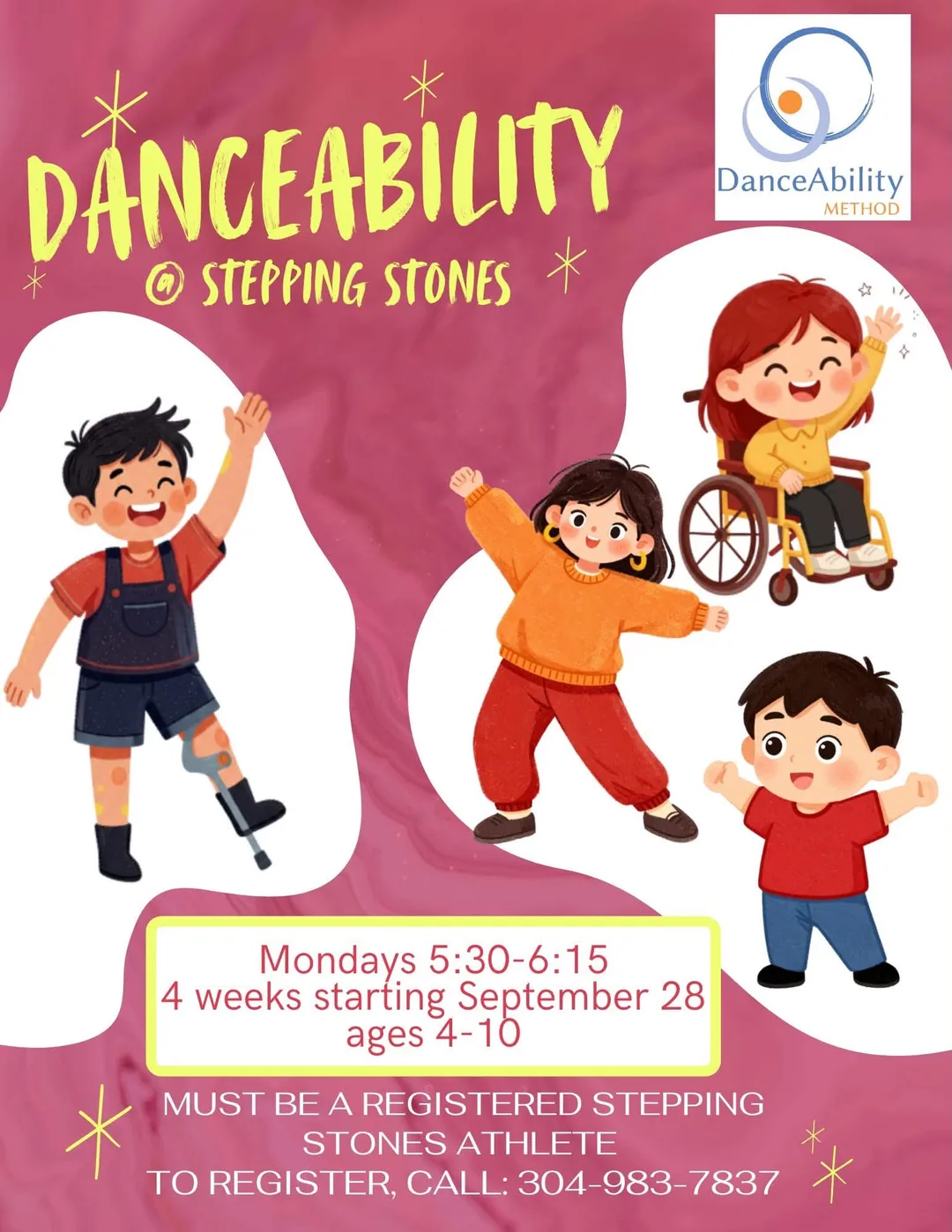 Flyer for DanceAbility lessons at Stepping Stones in Morgantown WV