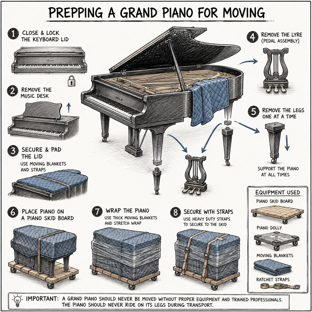 A visual guide to prepping a grand Piano for moving/ relocation