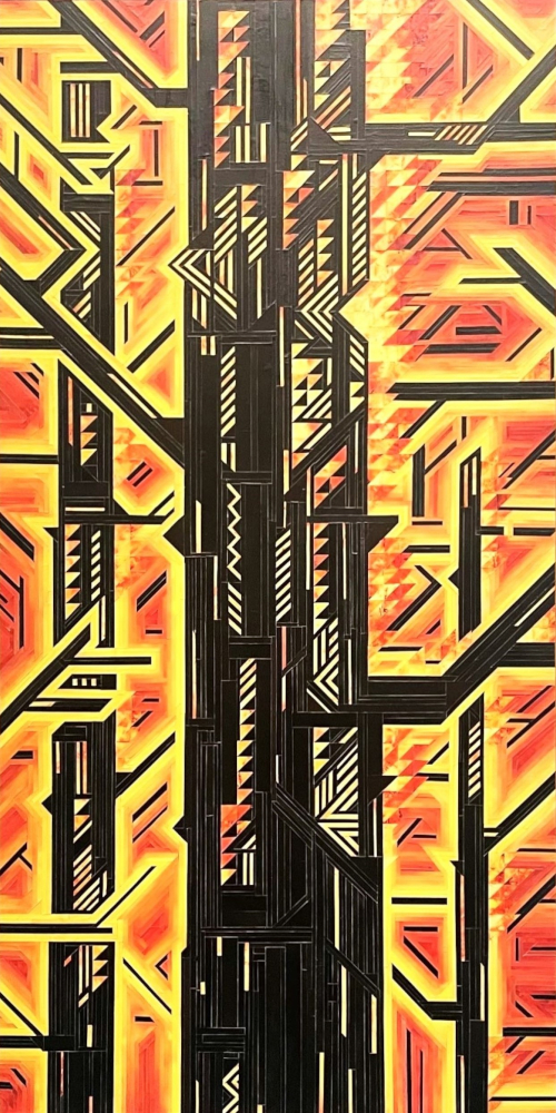Collage on hardboard depicting burning trees titled Fire Forest