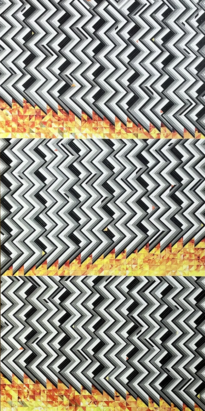 Collage on harboard depicting fire and smoke