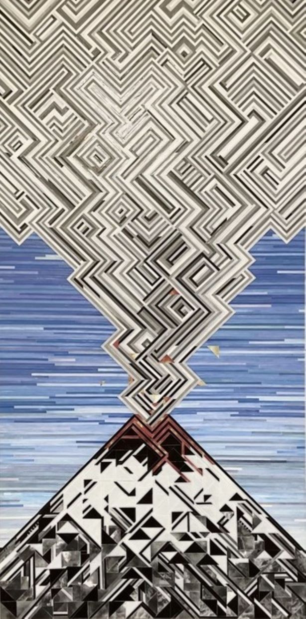 Collage on hardboard depicting an erupting volcano