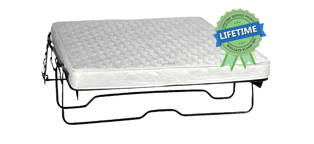 Sleeper Sofa Mechanism shown with a six-inch mattress and Lifetime Service Policy