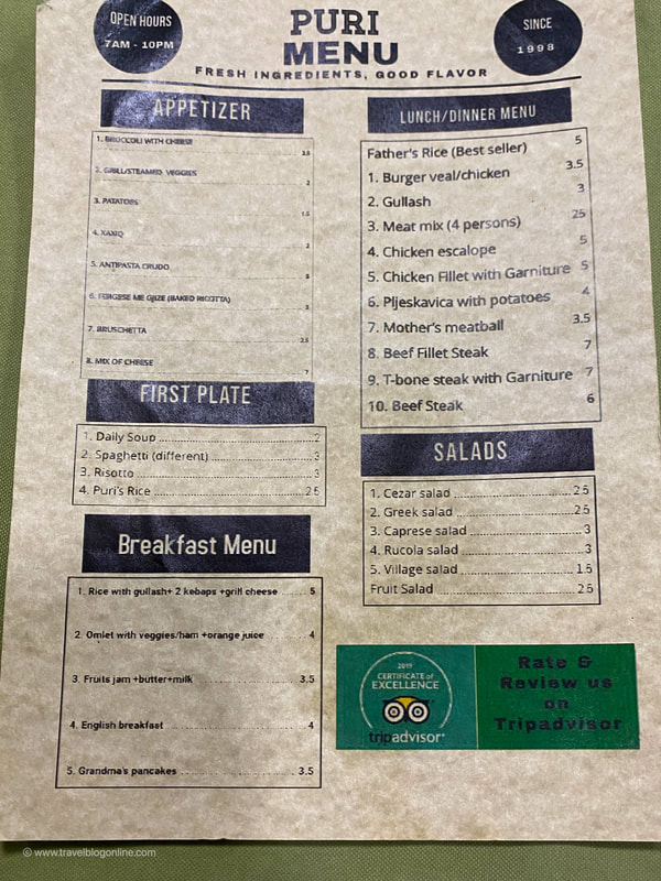 The Puri Restaurant, Menu, Skhoder, Albania © Patrik Lord Travel Blog