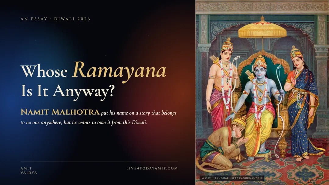 The title “Whose Ramayana Is It Anyway?” in ivory and gold serif type above the subtitle, with Namit Malhotra’s name enlarged in gold, beside a classical painting of Rama enthroned with Lakshman, Sita and Hanuman.
