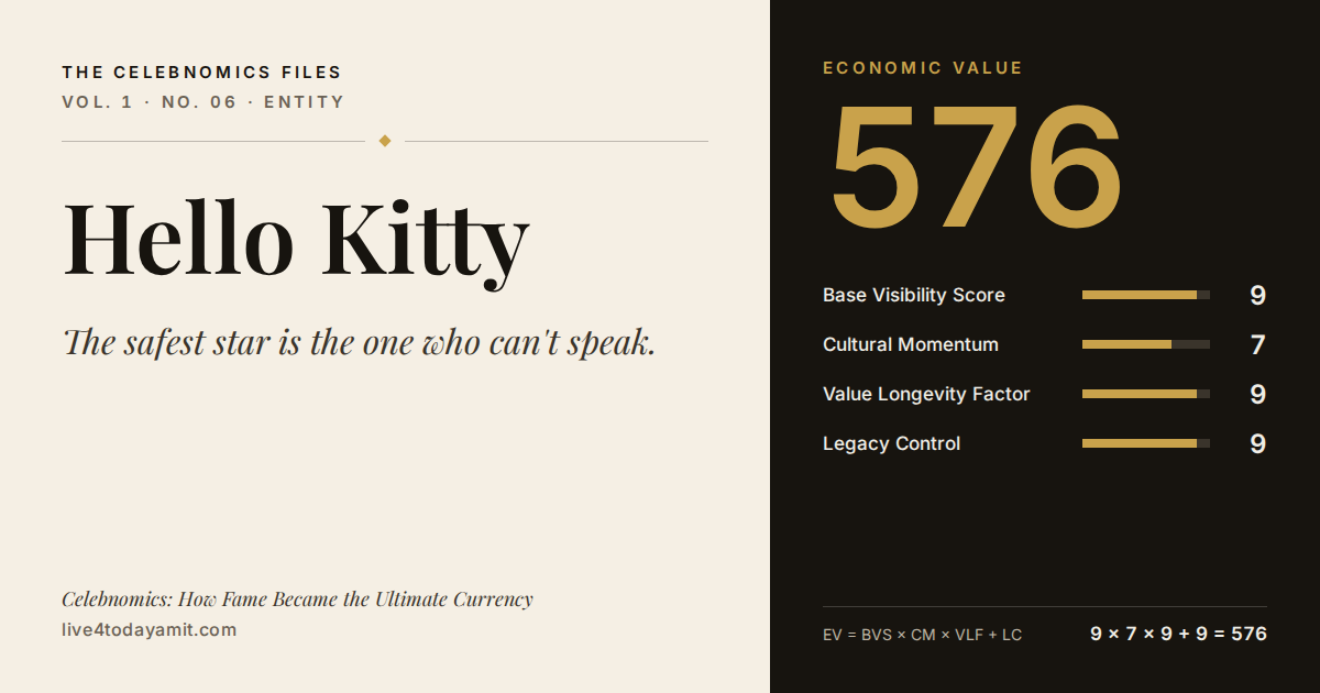Celebnomics Files scorecard for Hello Kitty. EV score of 576, from Base Visibility Score 9, Cultural Momentum 7, Value Longevity Factor 9 and Legacy Control 9.