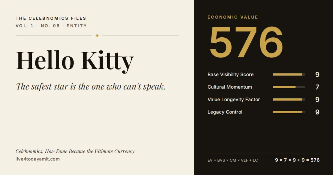 Celebnomics Files scorecard for Hello Kitty. EV score of 576, from Base Visibility Score 9, Cultural Momentum 7, Value Longevity Factor 9 and Legacy Control 9.