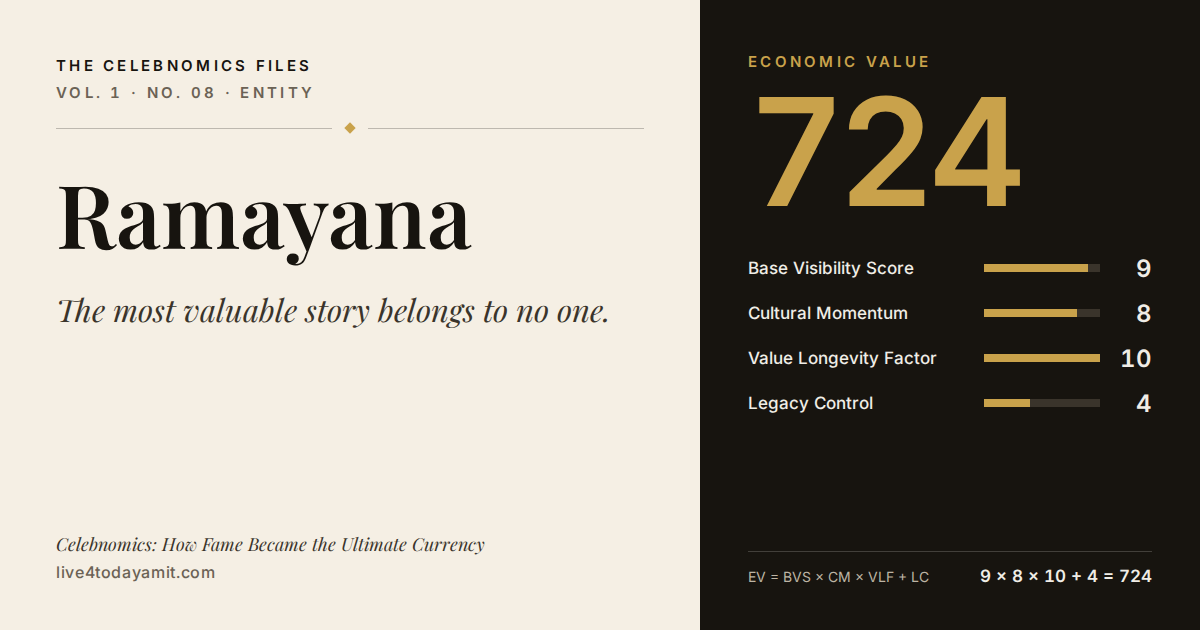 Celebnomics Files scorecard for Ramayana. EV score of 724, from Base Visibility Score 9, Cultural Momentum 8, Value Longevity Factor 10 and Legacy Control 4.