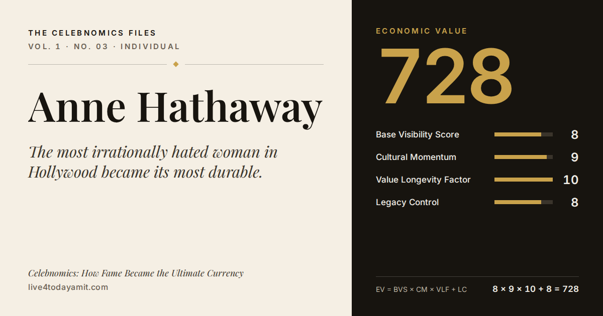 Celebnomics Files scorecard for Anne Hathaway. EV score of 728, from Base Visibility Score 8, Cultural Momentum 9, Value Longevity Factor 10 and Legacy Control 8.