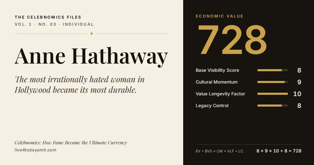 Celebnomics Files scorecard for Anne Hathaway. EV score of 728, from Base Visibility Score 8, Cultural Momentum 9, Value Longevity Factor 10 and Legacy Control 8.