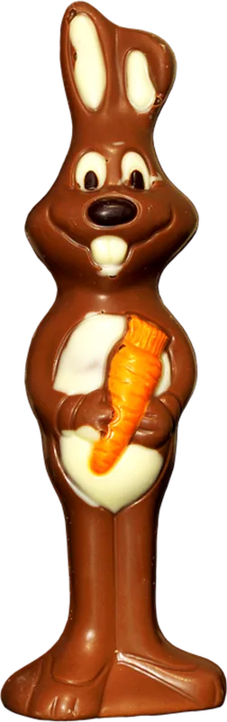 Picture of a happy smiling chocolate Easter bunny holding an orange carrot.