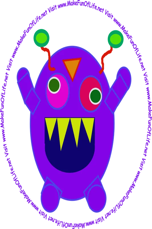 Picture of a happy smiling silly indigo-color monster with 2 antennae, and the words, 'Visit www.MakeFunOfLife.net.' 