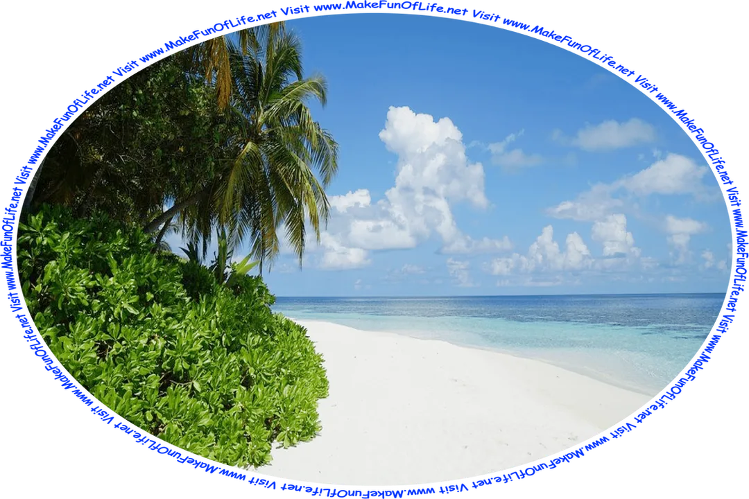 Picture of a tropical beach with green leafy plants on one side of a white sandy shore, calm light blue ocean water on the other side, a blue sky with fluffy white clouds above, and the words, ‘Visit www.MakeFunOfLife.net.’ 