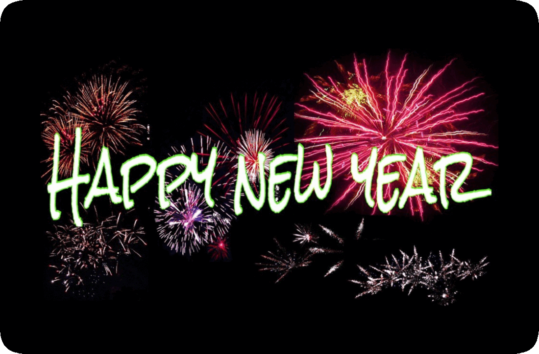 Picture of colorful fireworks exploding in the night sky and words, ‘Happy New Year.’