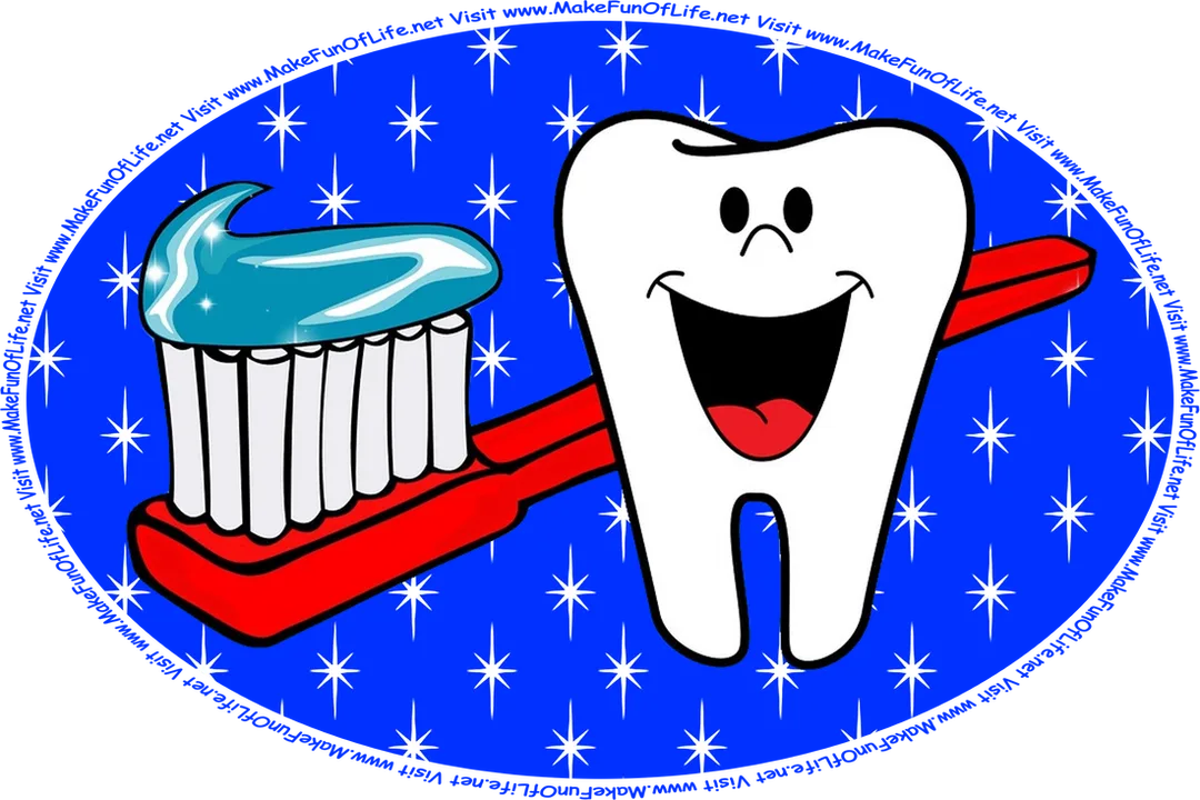 Picture of a happy smiling tooth, a toothbrush with toothpaste on it, over a blue background with twinkling stars, and the words, ‘Visit www.MakeFunOfLife.net.’
