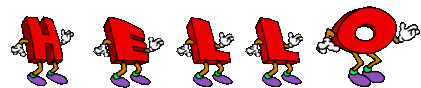 Picture of dancing letter characters spelling the words, ‘HELLO WORLD.’