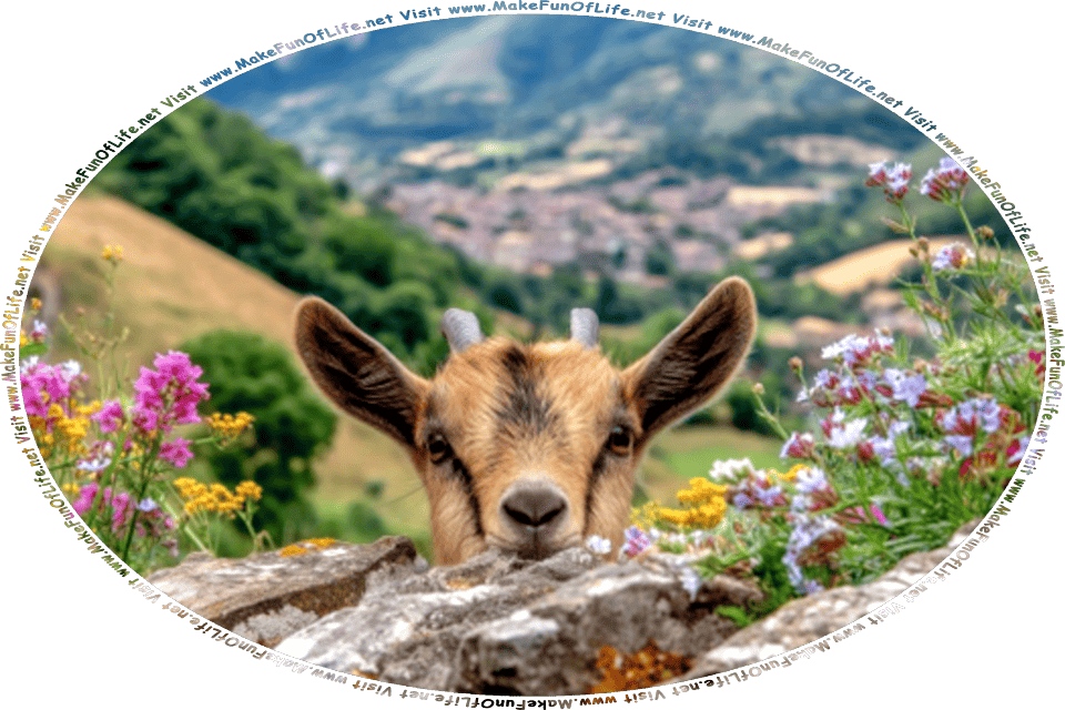 Picture of a goat peering over rocks, surrounded on both sides by flowering plants with pink, yellow, lavender, and white blossoms, and the words, Visit www.MakeFunOfLife.net.