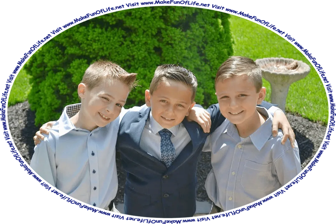 Picture of three happy smiling boys who are friends standing together outside, and the words, ‘Visit www.MakeFunOfLife.net.’